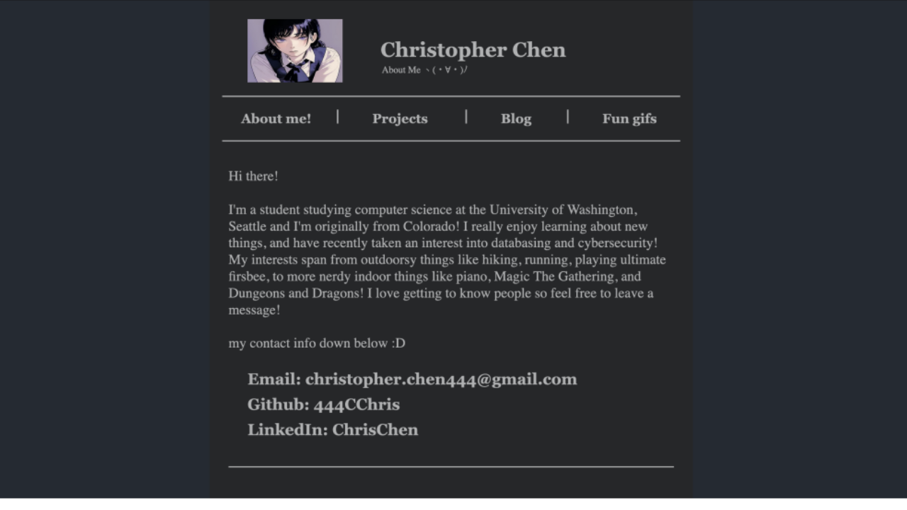 Screenshot of the first draft of Chris' personal website