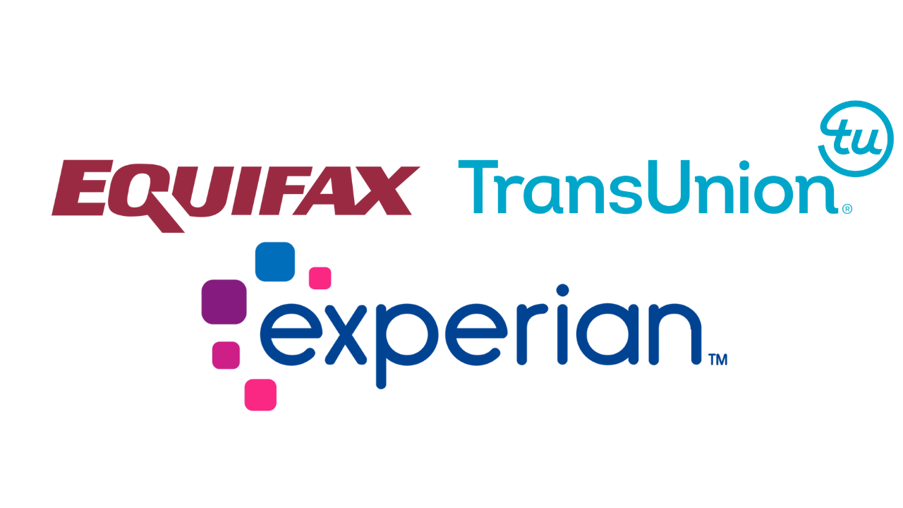 Logos of the three largest credti reporting agencies, Experian, Equifax, and TransUnion.